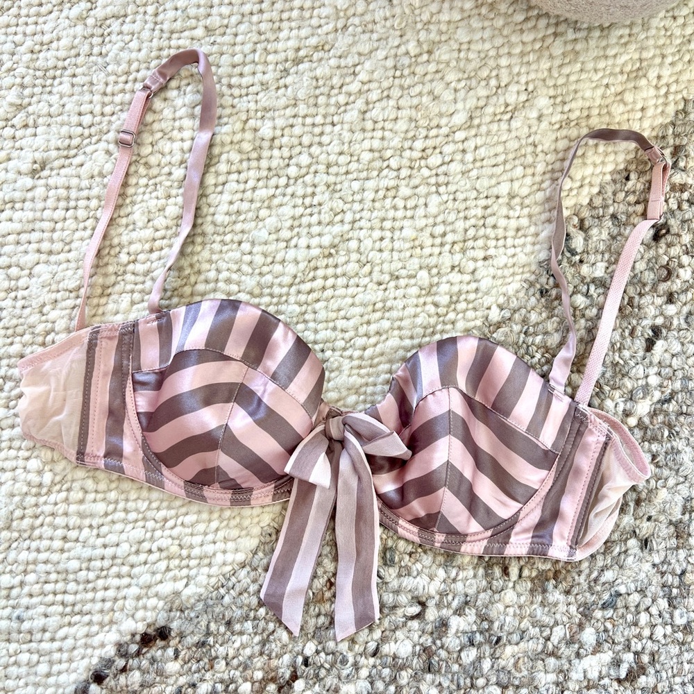 Vintage 100% Silk Victoria’s Secret Pink & Gray Bow Striped Bra - 34C